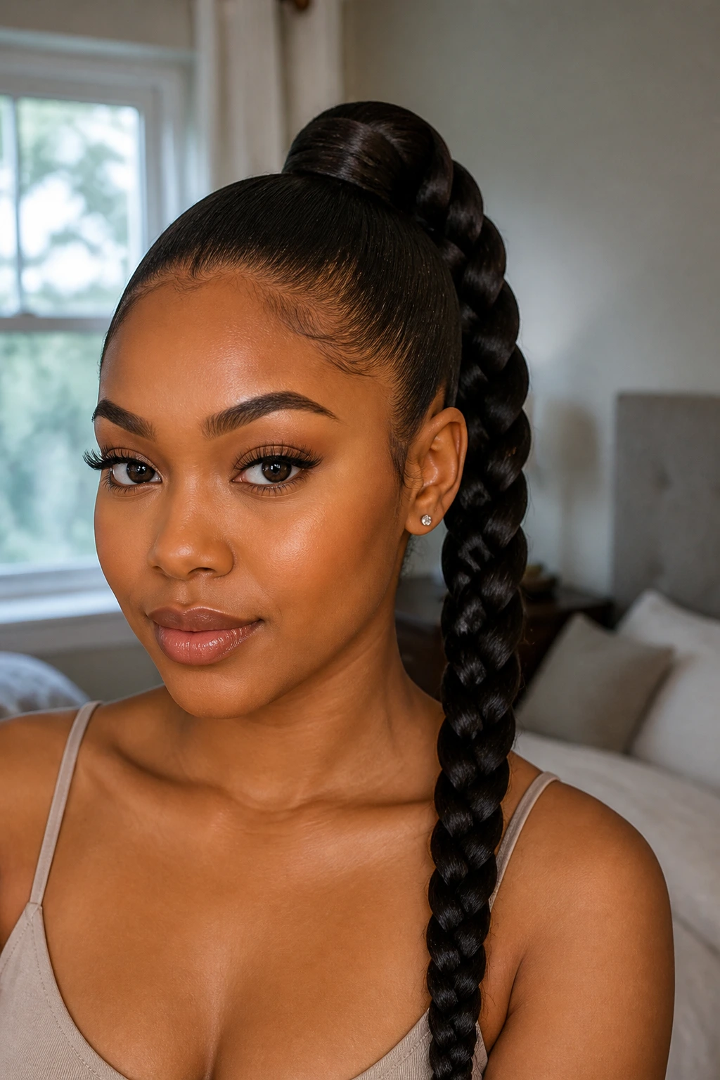 Close-up of a real woman with a mid-high wrapped braided ponytail and wrapped base.