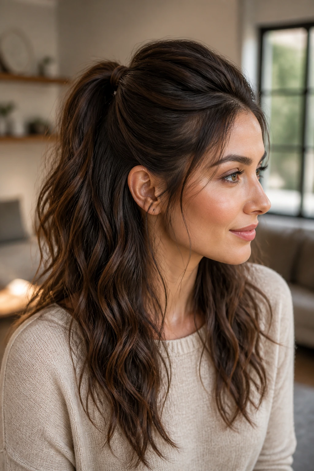 Close-up of a real woman with a wrapped-elastic half-up pony and crown lift