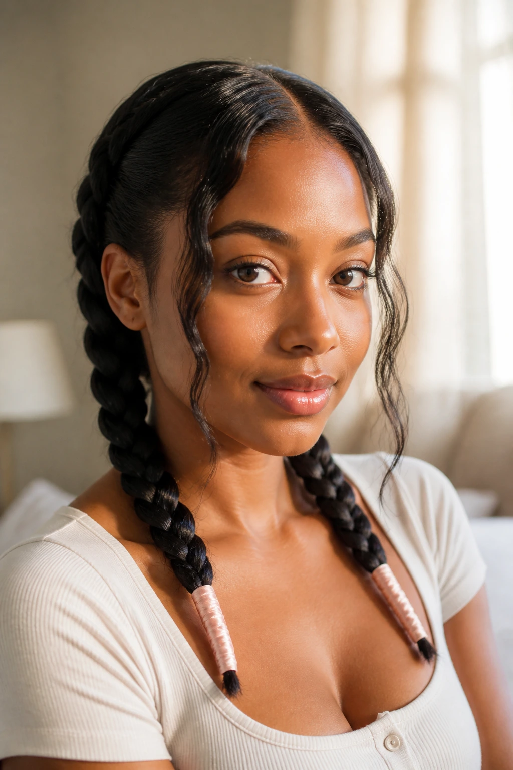 Close-up of a real woman with wrapped-end twin braids