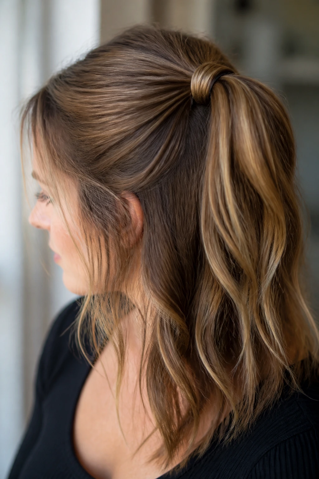 Close-up of real woman in wrapped half-up ponytail with hidden wrap around elastic.