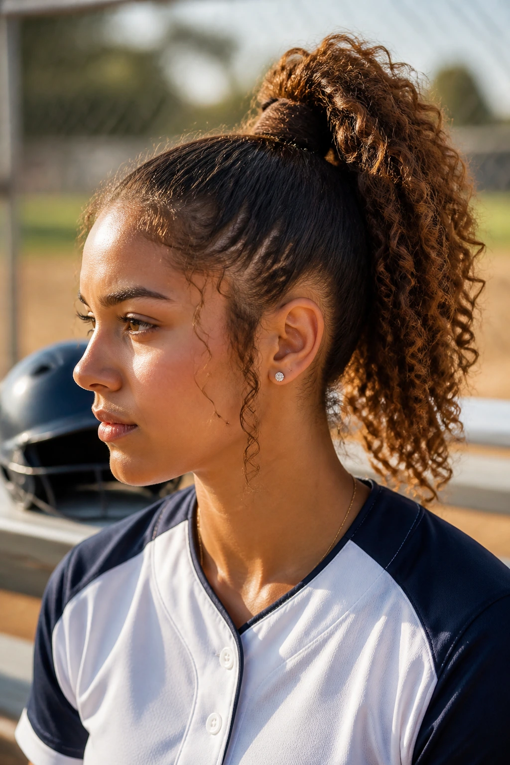 Close-up of wrapped high curly ponytail on a real softball player