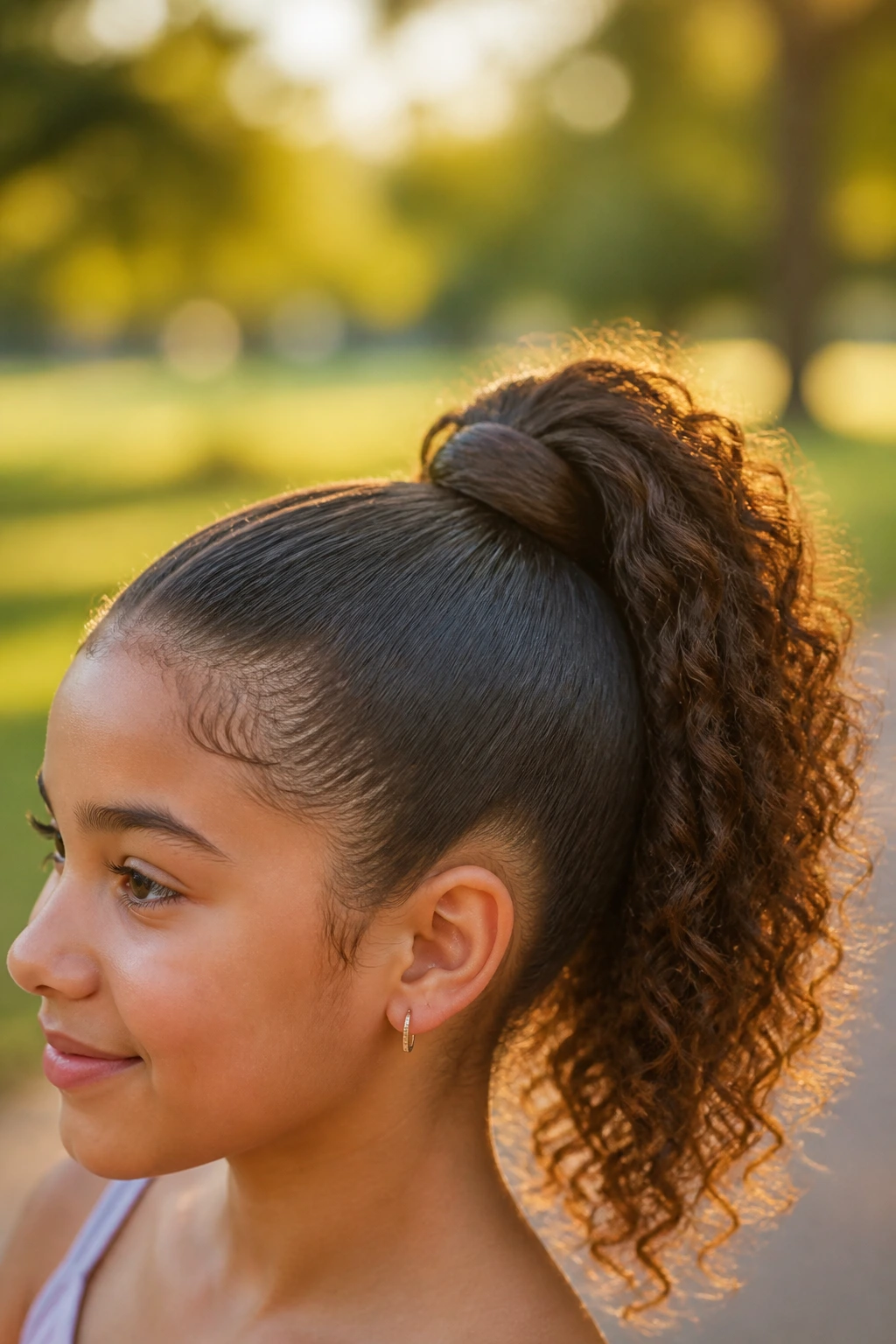 Portrait of girl with wrapped high ponytail in park golden hour