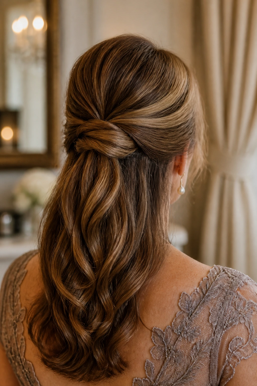 Back view of a real woman with wrapped knot half-up hairstyle.