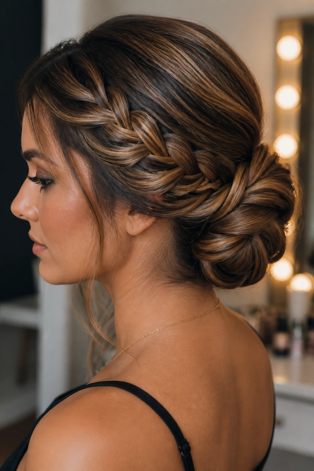Close-up of a real woman with a wrapped low bun and braided base with caramel highlights