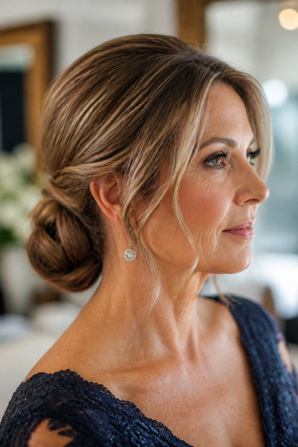 Close-up of a woman with a wrapped low knot and face-framing pieces in a bridal dressing room.