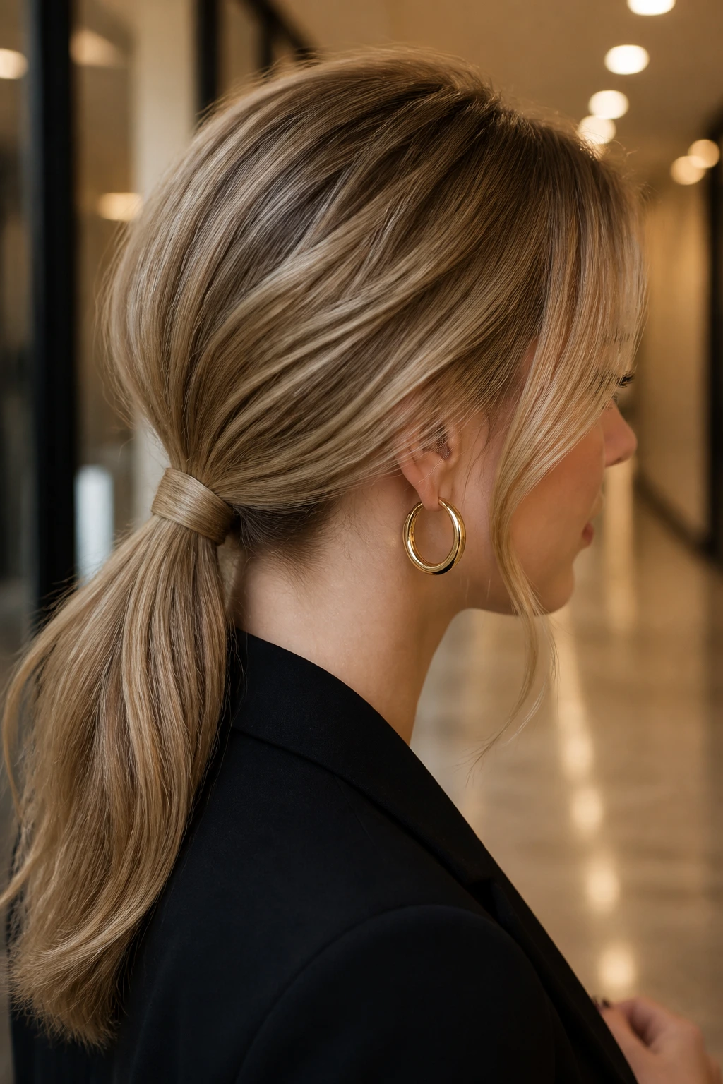 Close-up of a real woman with wrapped low pony at the nape