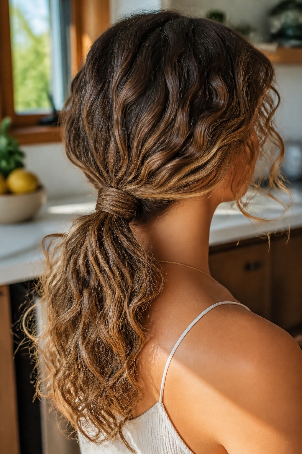 Close-up of real woman with a wrapped low ponytail hiding the elastic in warm daylight