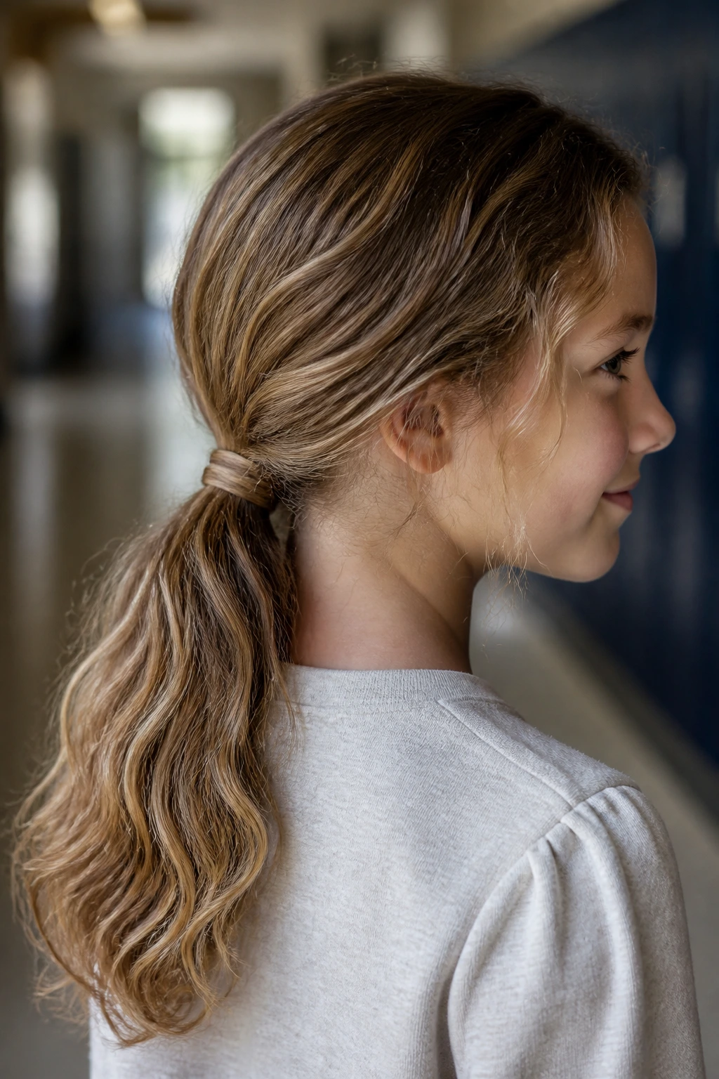 Close-up of a child with a wrapped low ponytail