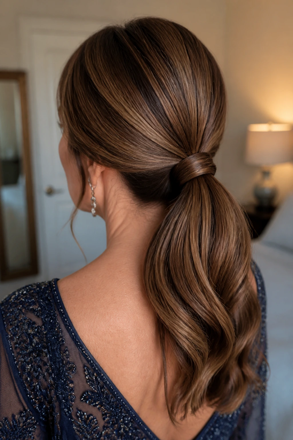 Back profile of woman with wrapped low ponytail hairstyle