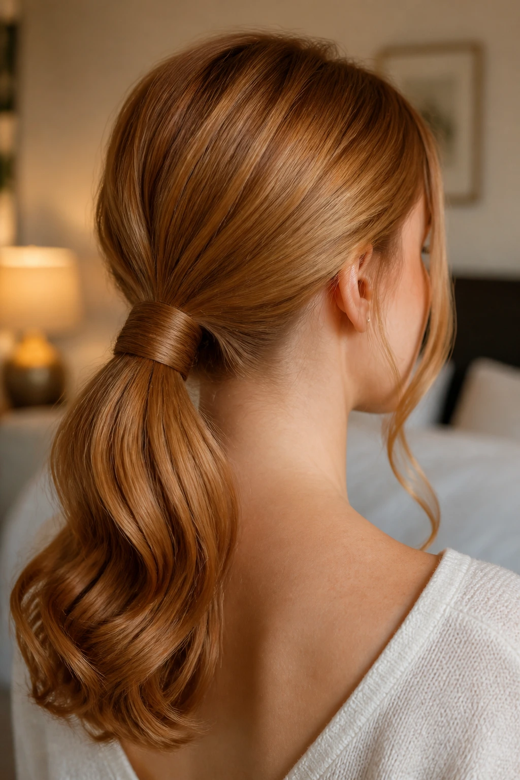 Back view of a real woman wearing a wrapped low ponytail with a soft curl in strawberry blonde.