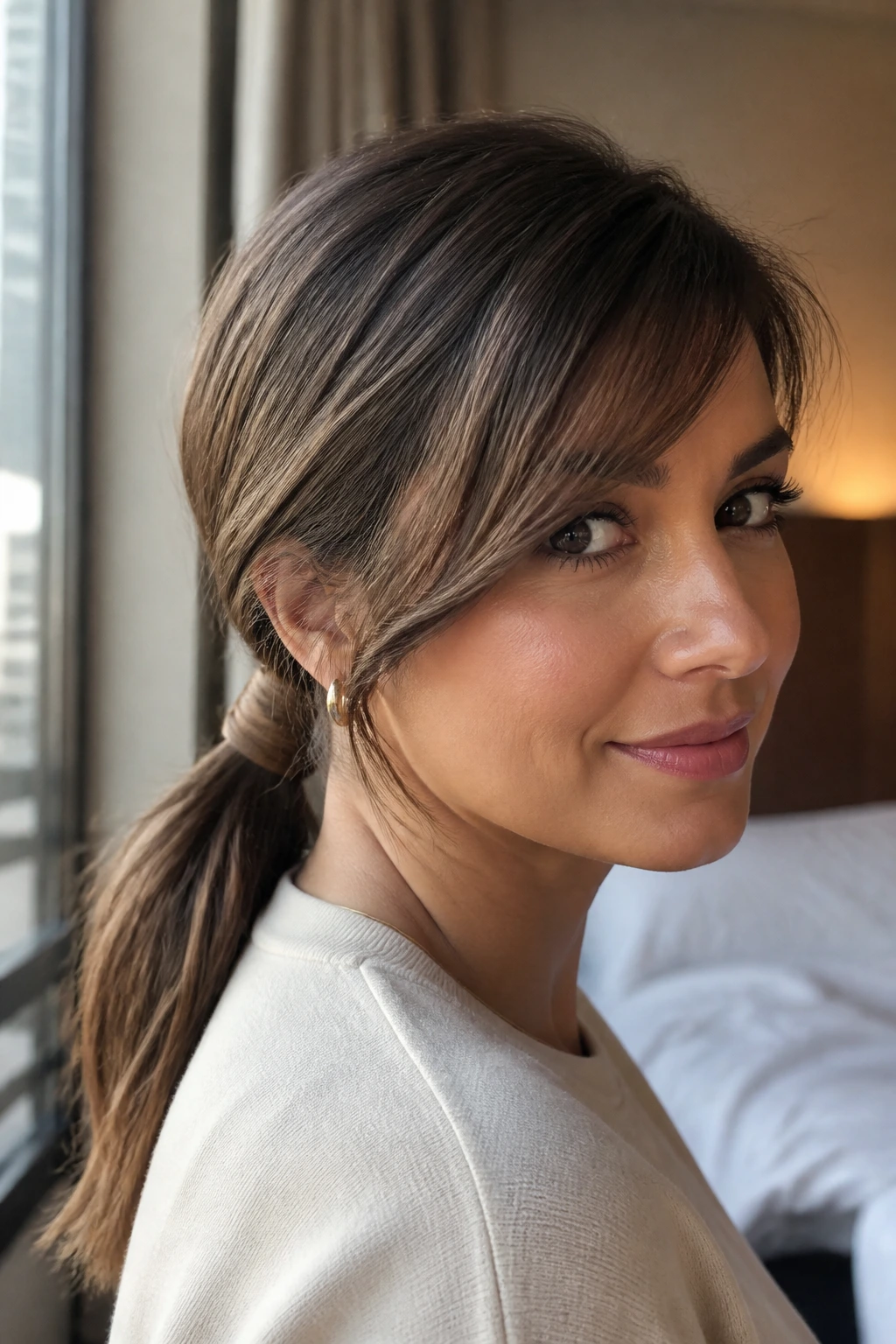 Close-up portrait of a woman with a wrapped low ponytail and side-swept bangs in a sunlit hotel room