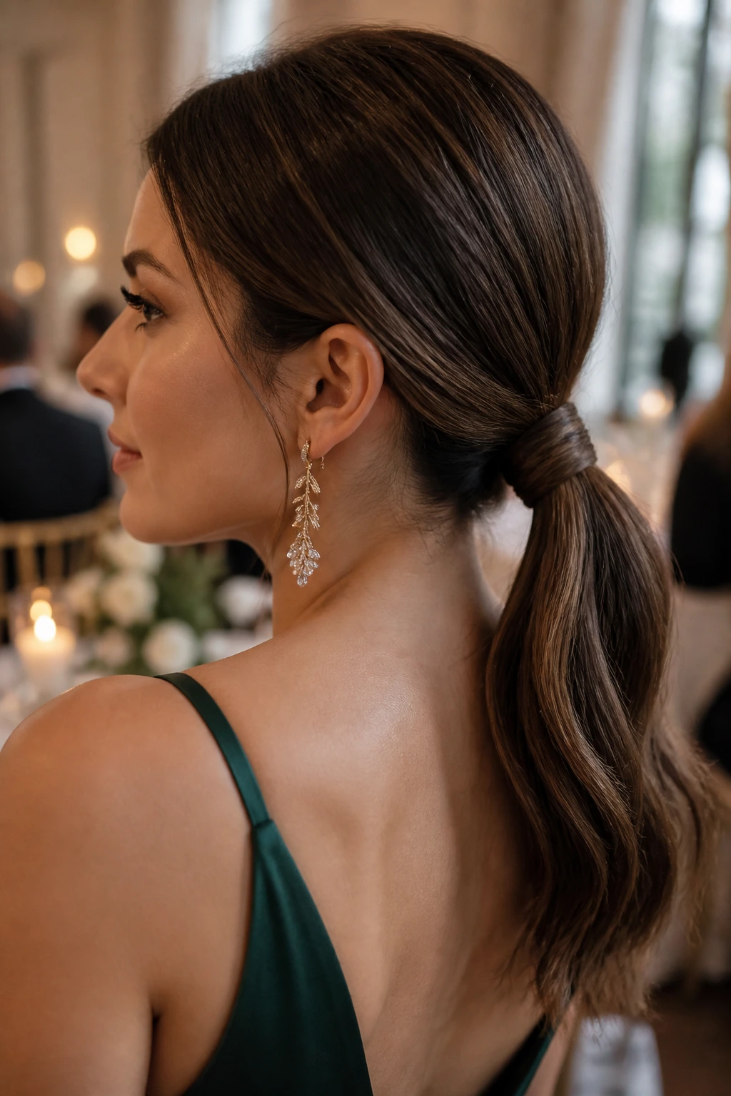 Close-up of Wrapped Low Ponytail with wrapped elastic on shoulder-length hair