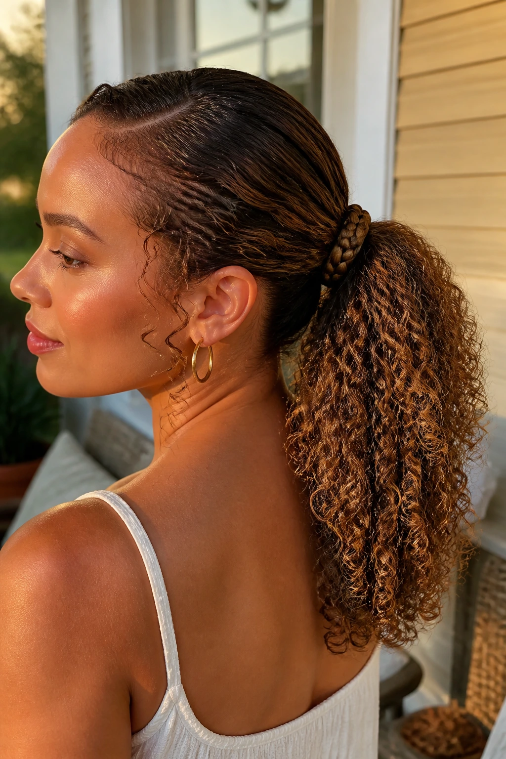 Close-up of a woman with a wrapped ponytail braid at the nape in warm outdoor light.