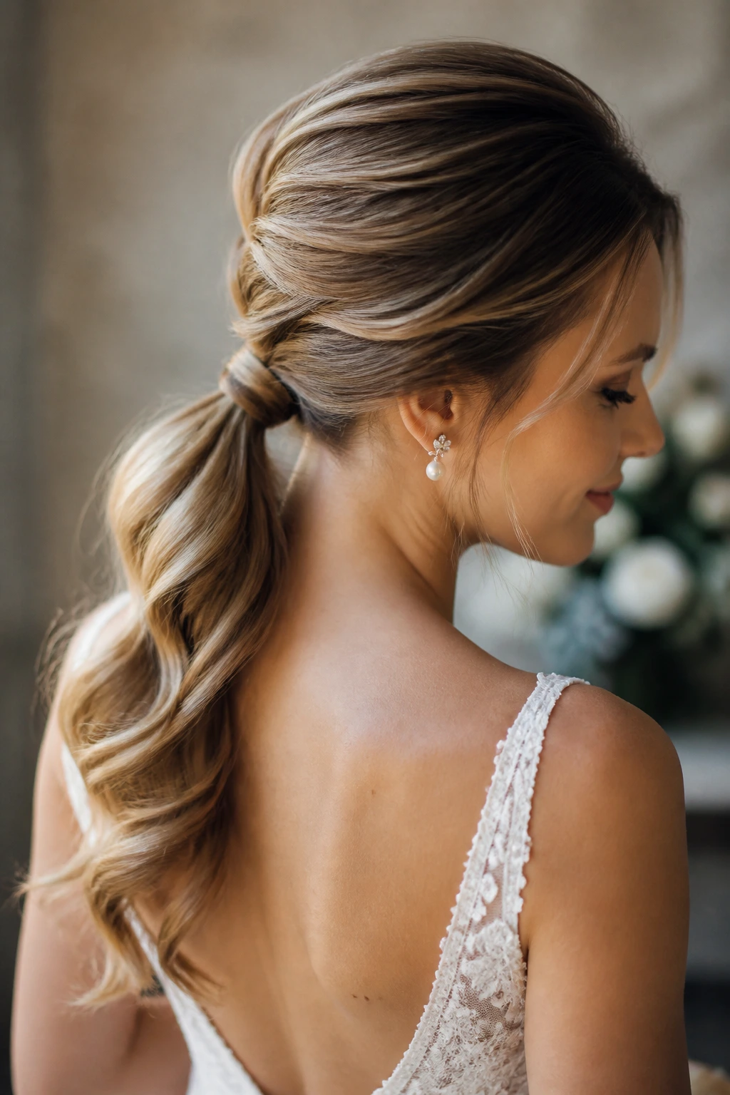 Bride with wrapped low ponytail showing hidden volume