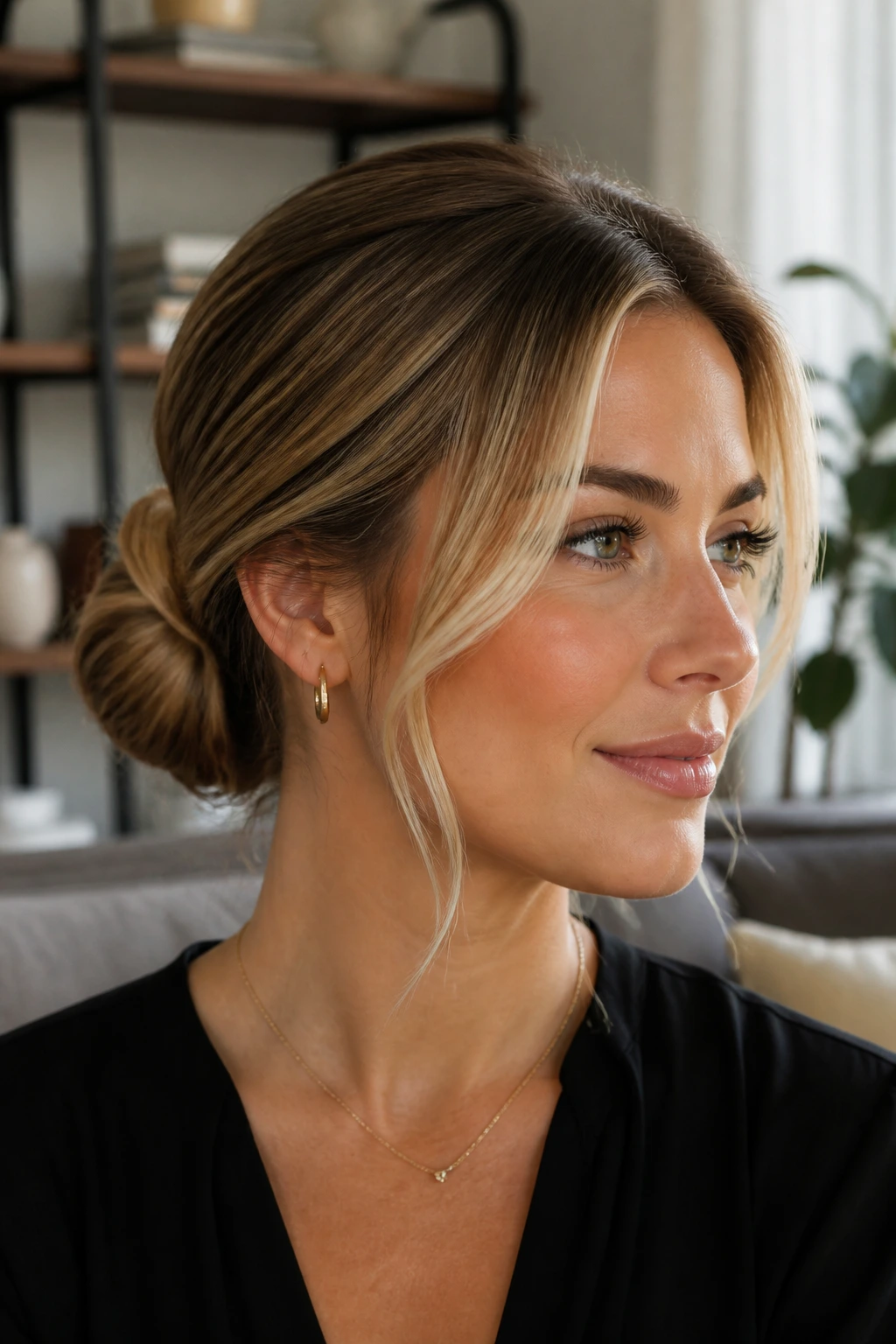 Close-up of Wrapped Ponytail Bun hairstyle on a real woman with loose money pieces at the front