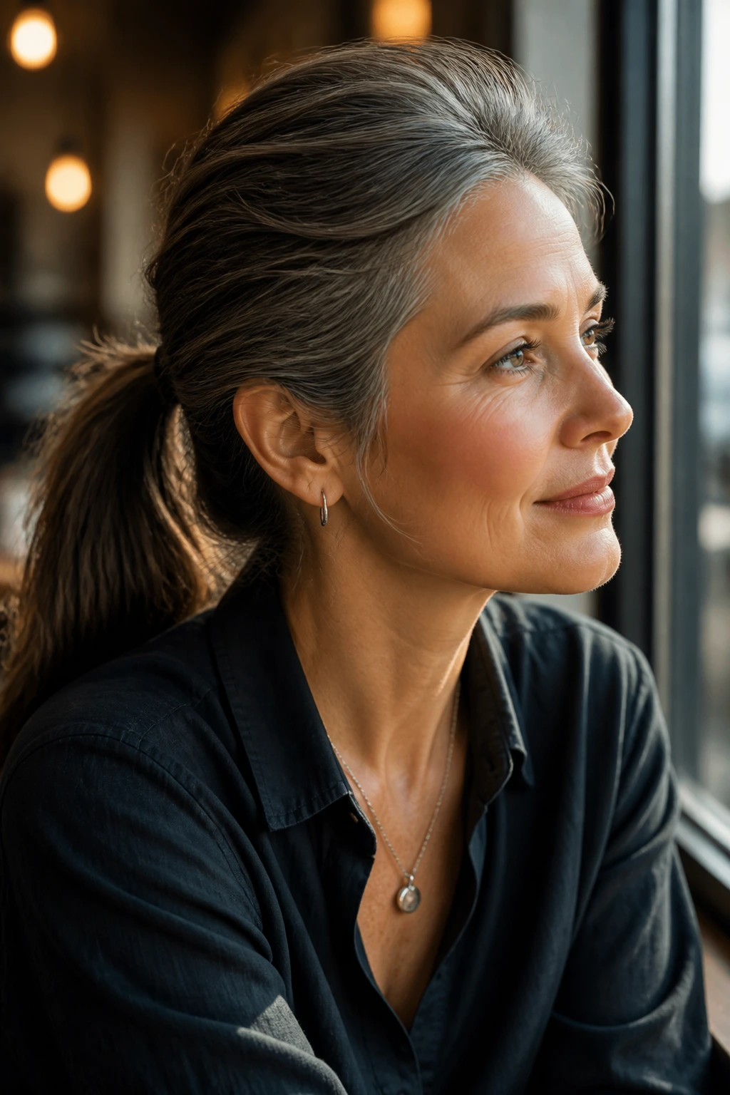 Close-up portrait of a real person with a wrapped ponytail and crown lift