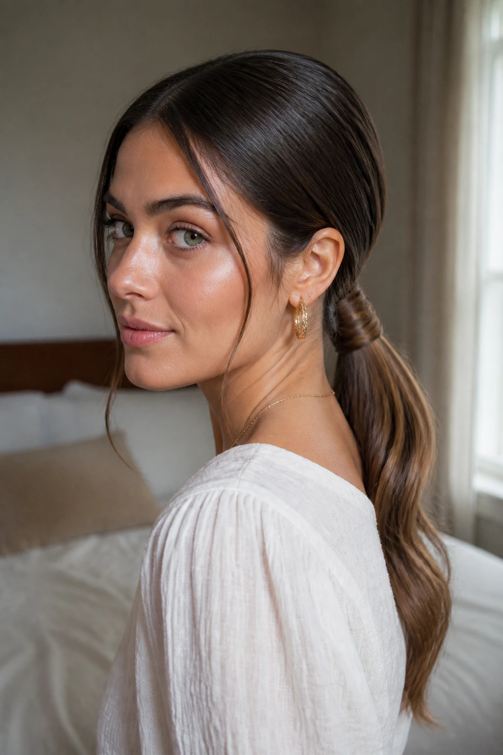 Close-up of a real woman with a wrapped low ponytail in warm natural light