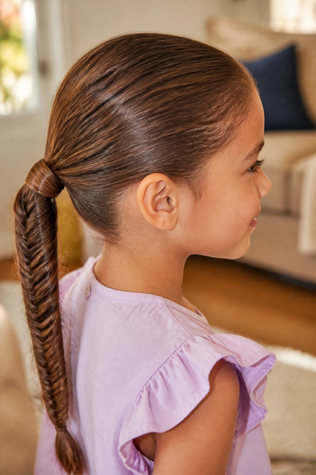 Back view close-up of a child with wrapped ponytail and fishtail tail