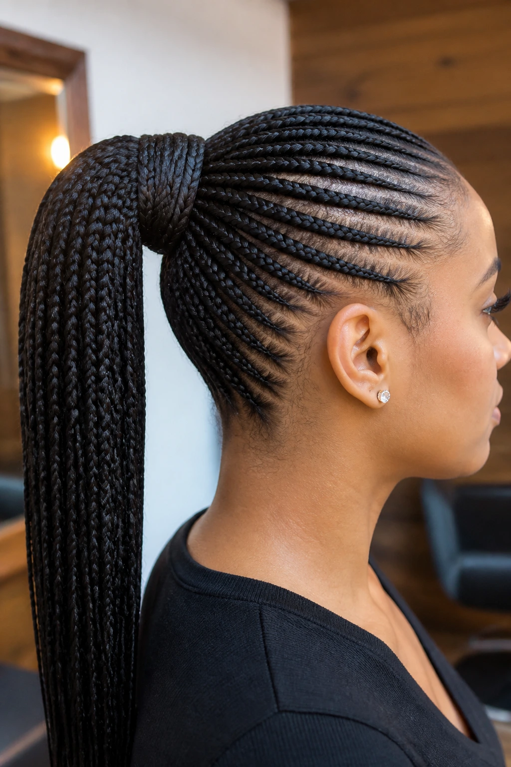 Close-up of a real woman wearing a wrapped braided ponytail in a salon setting