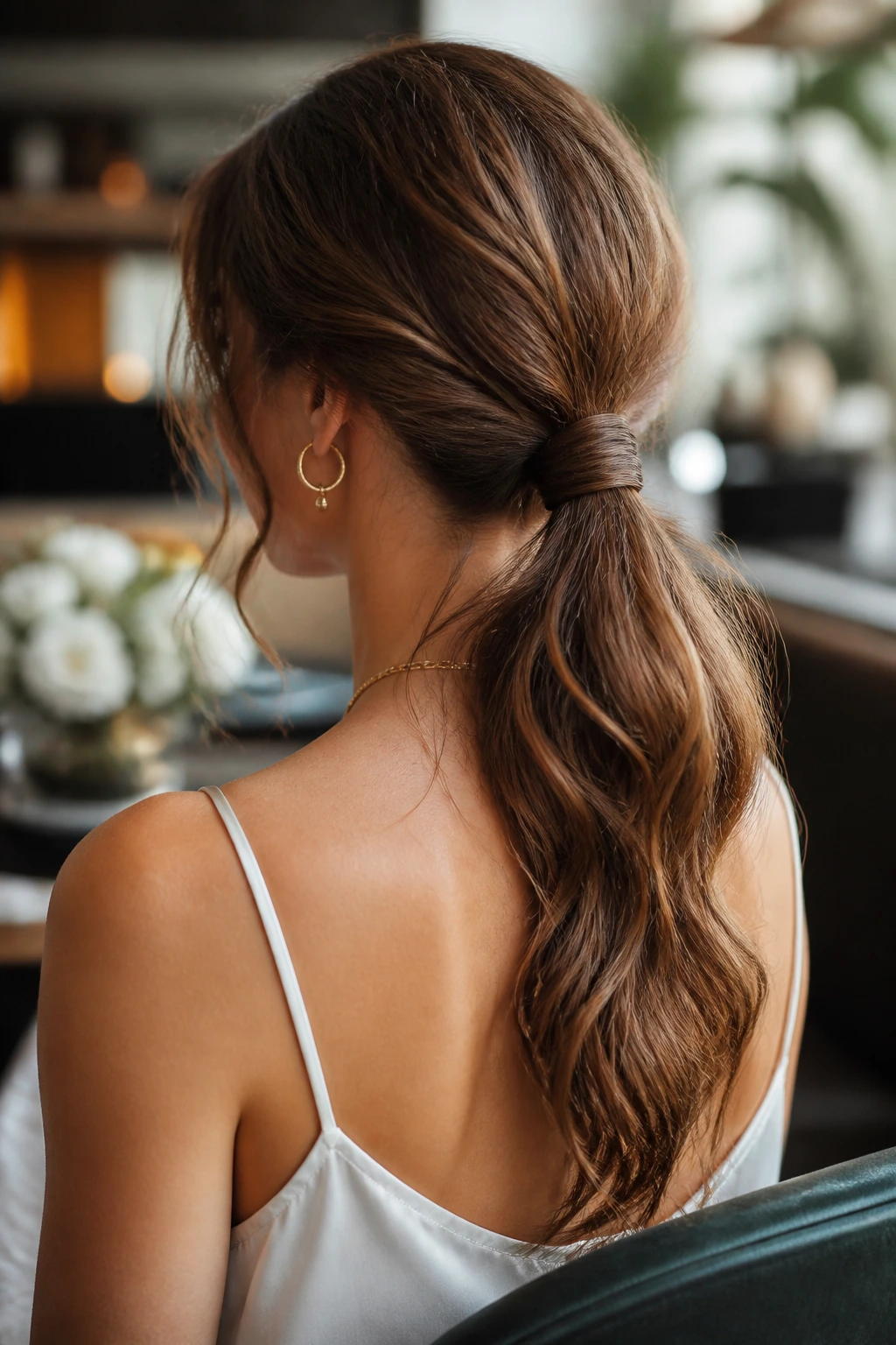 Back view of a real woman with a wrapped low ponytail at the nape with waves