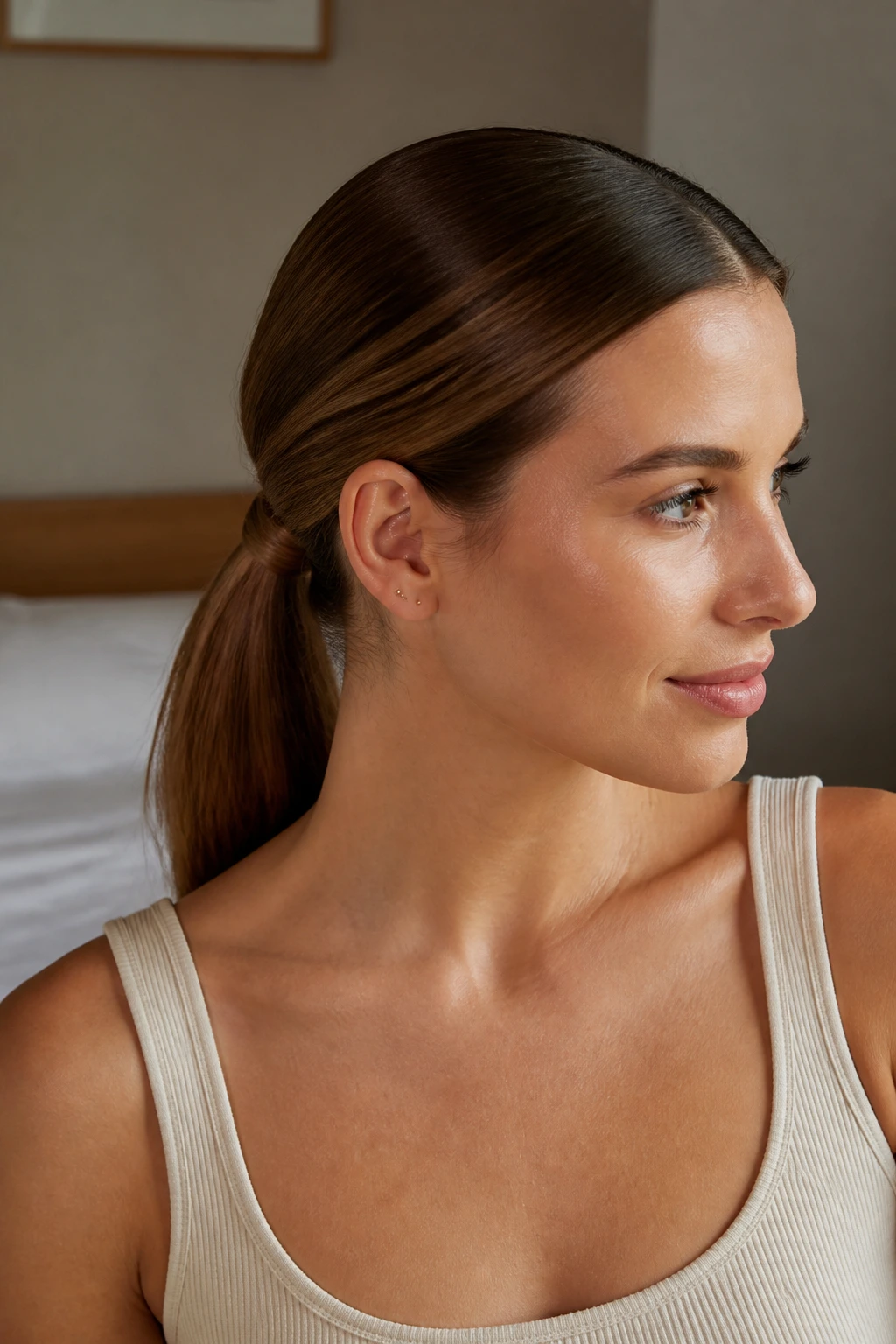 Close-up portrait of a woman with a wrapped low ponytail and polished finish in warm natural light