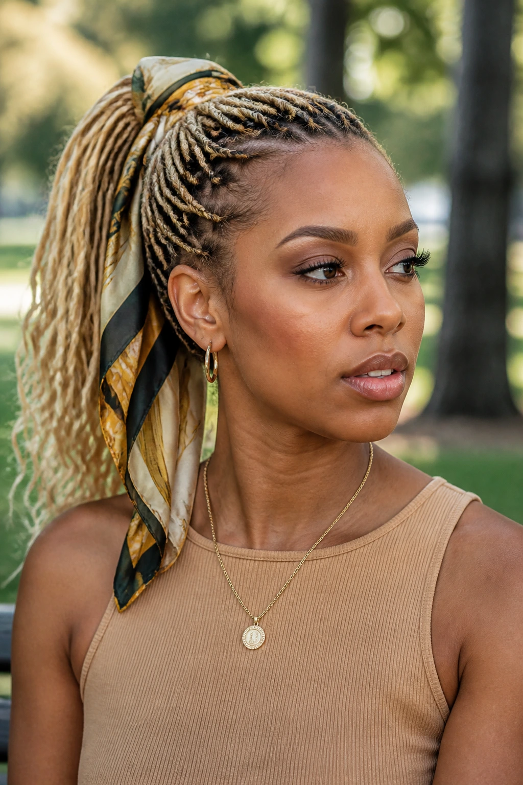 Three-quarter portrait of a real woman with wrapped ponytail and scarf