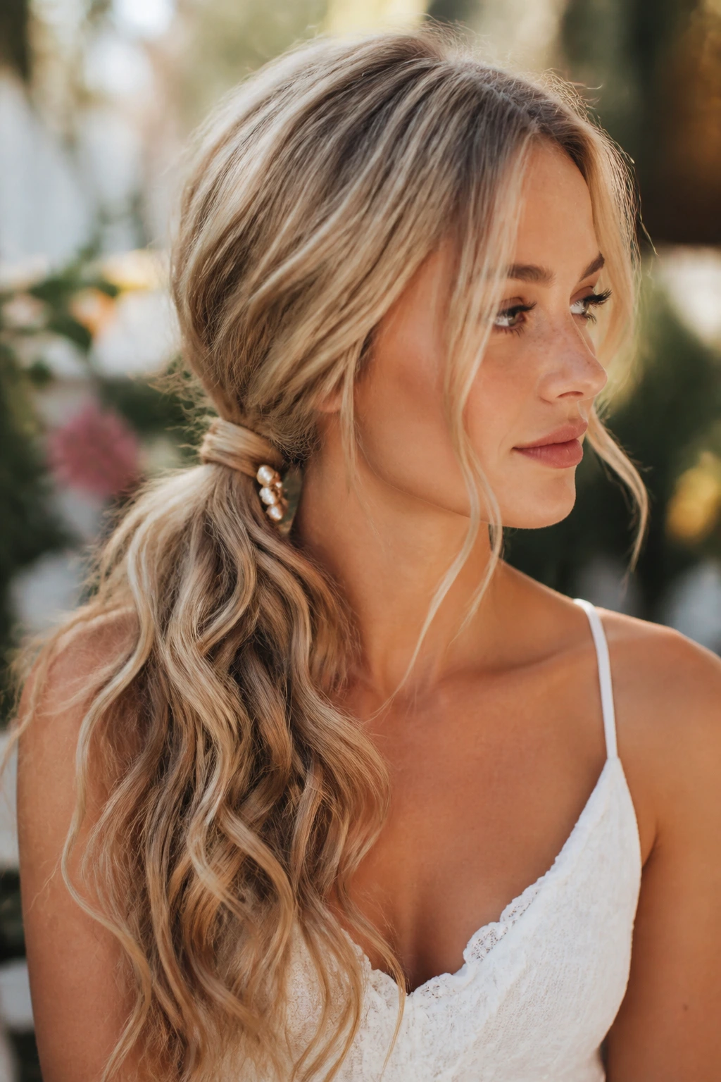 Portrait of a woman with a wrapped low side ponytail and curls over the shoulder.