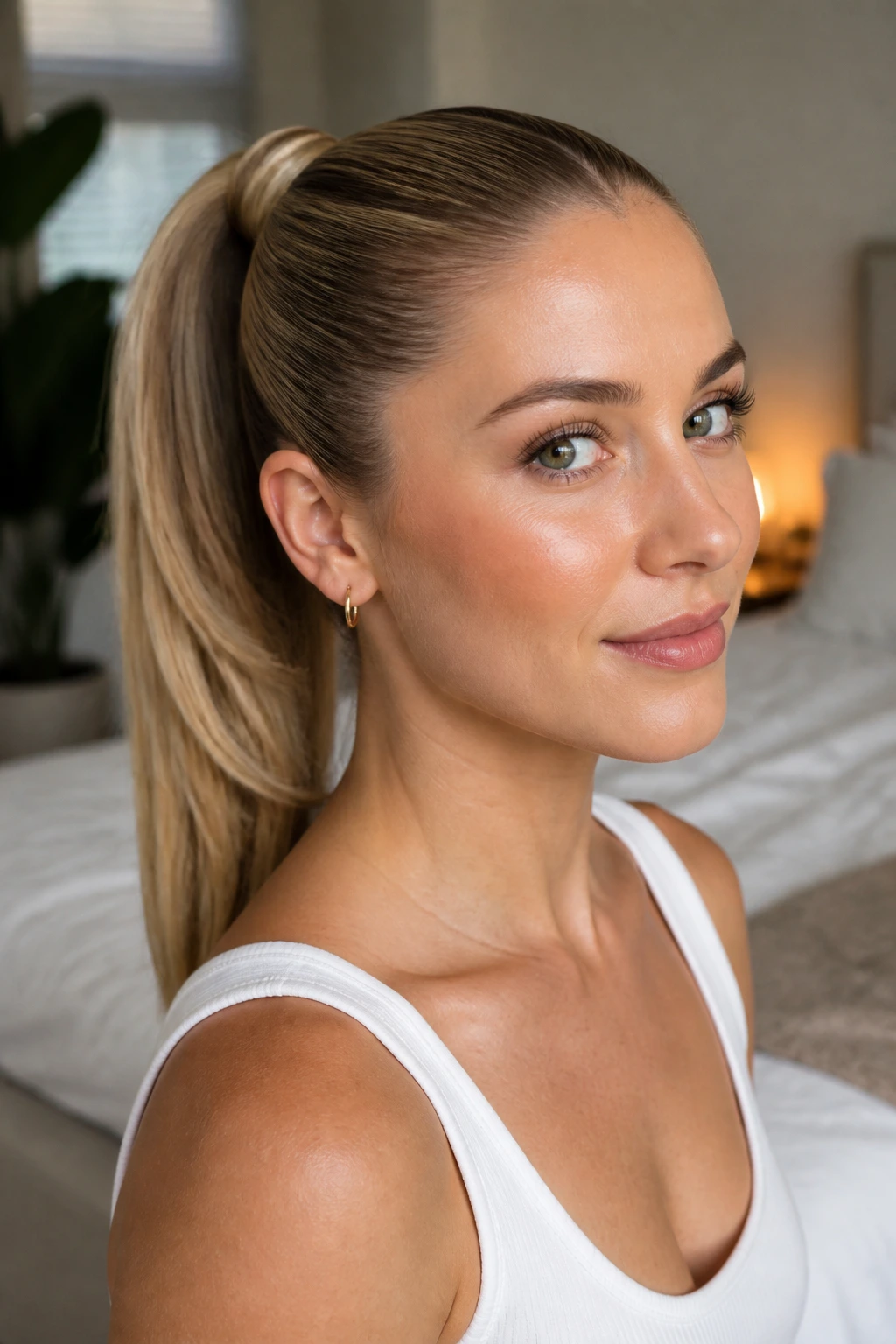 Close-up of a real woman with a wrapped ponytail in warm bedroom lighting, showcasing day-one sleek hairstyle