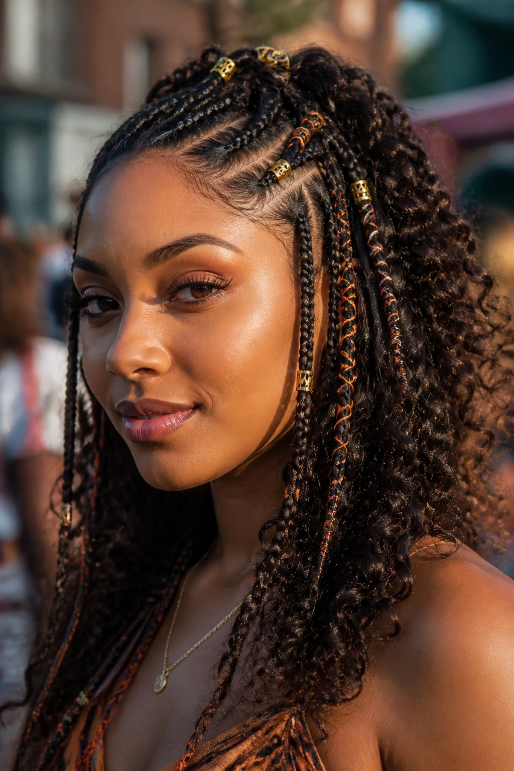 Close-up of a real woman with wrapped strands and cuffs in half braids