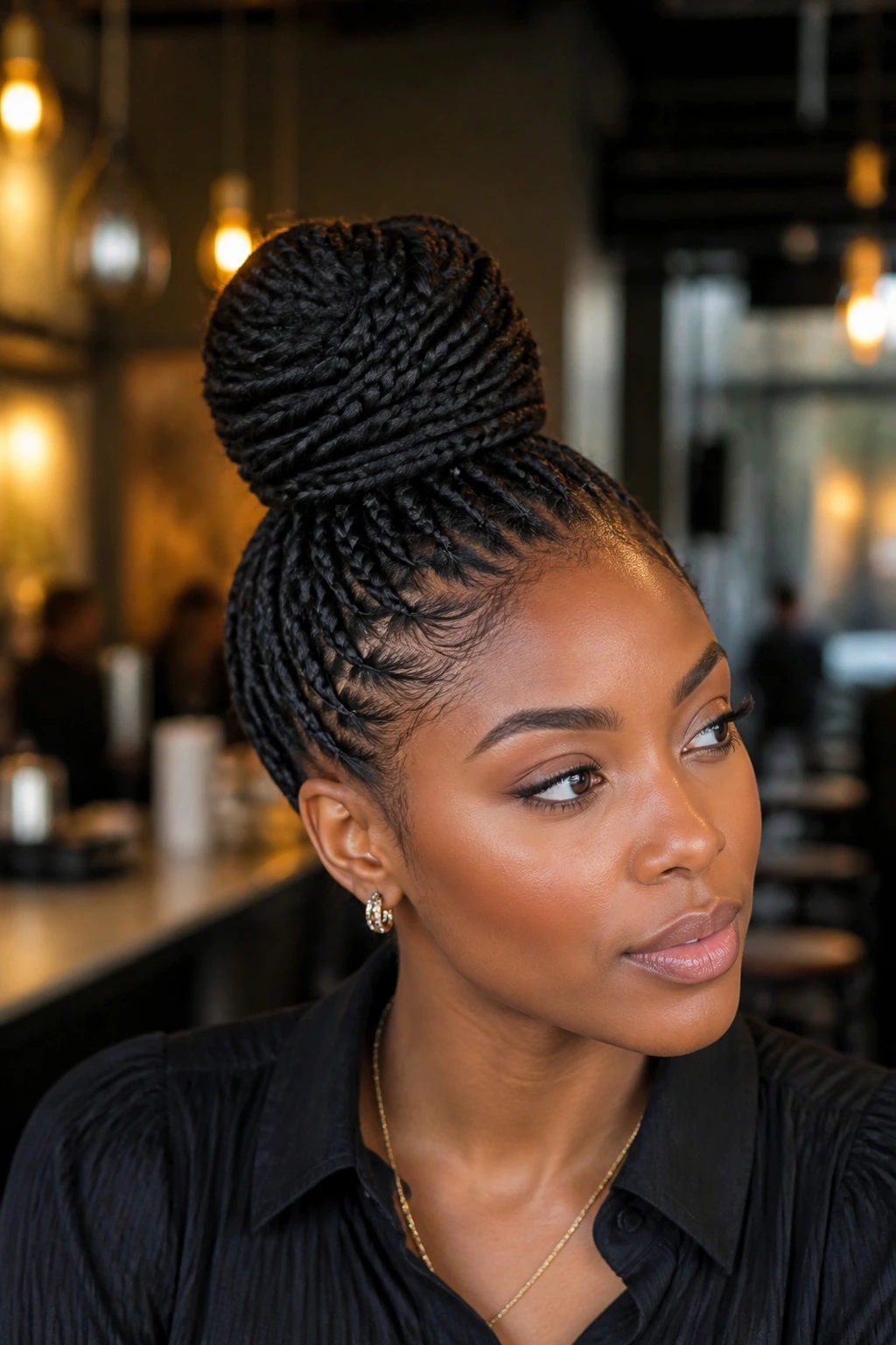 Close-up of a real person with wrapped high top knot braided bun