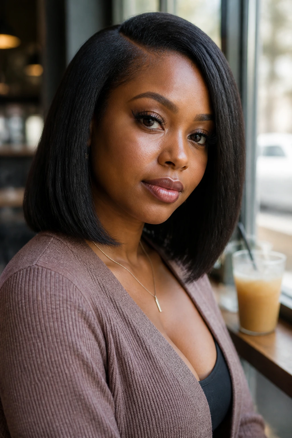Portrait of a person with yaki textured crochet bob hair close to head