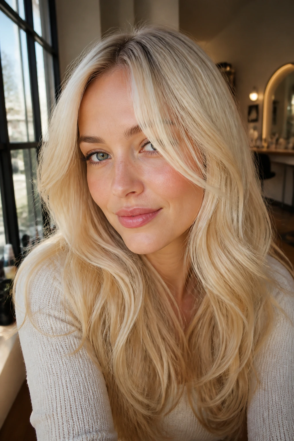 Close-up of a real woman with creamy yellow blonde hair in warm light