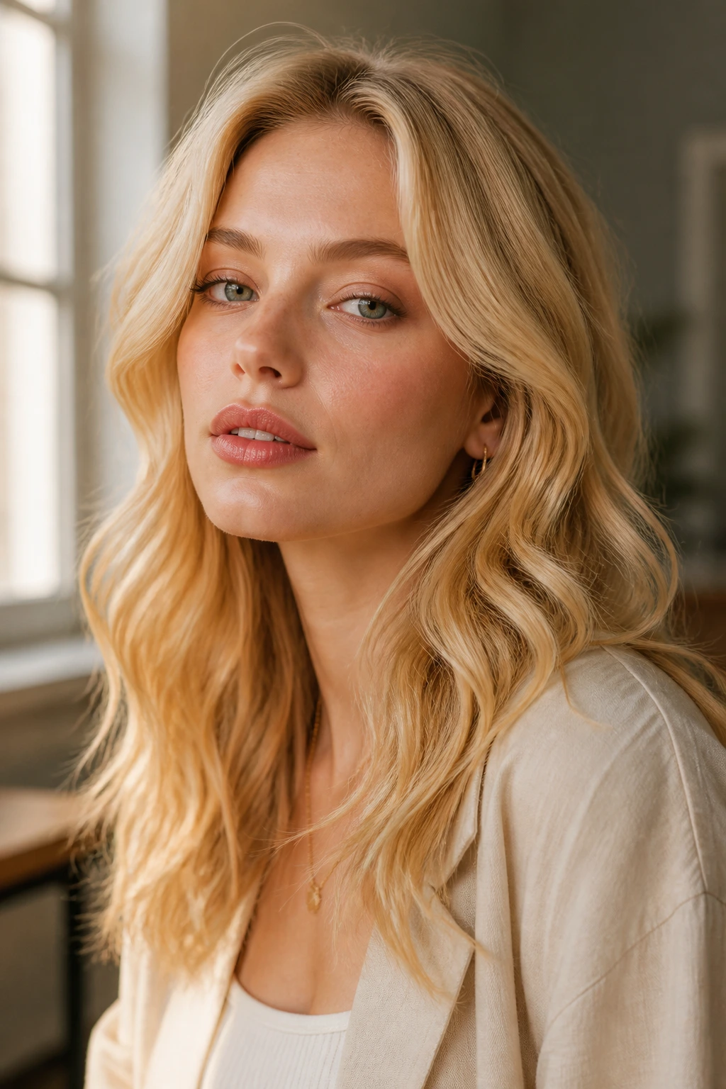 Close-up portrait of a woman with yellow blonde hair and makeup