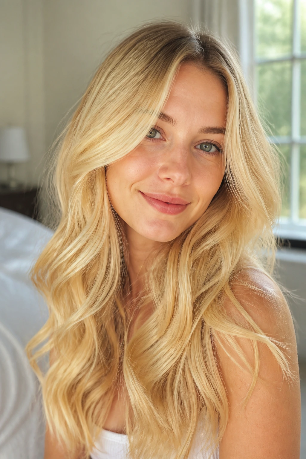 Portrait of a real person with warm yellow blonde hair framing the face in natural light