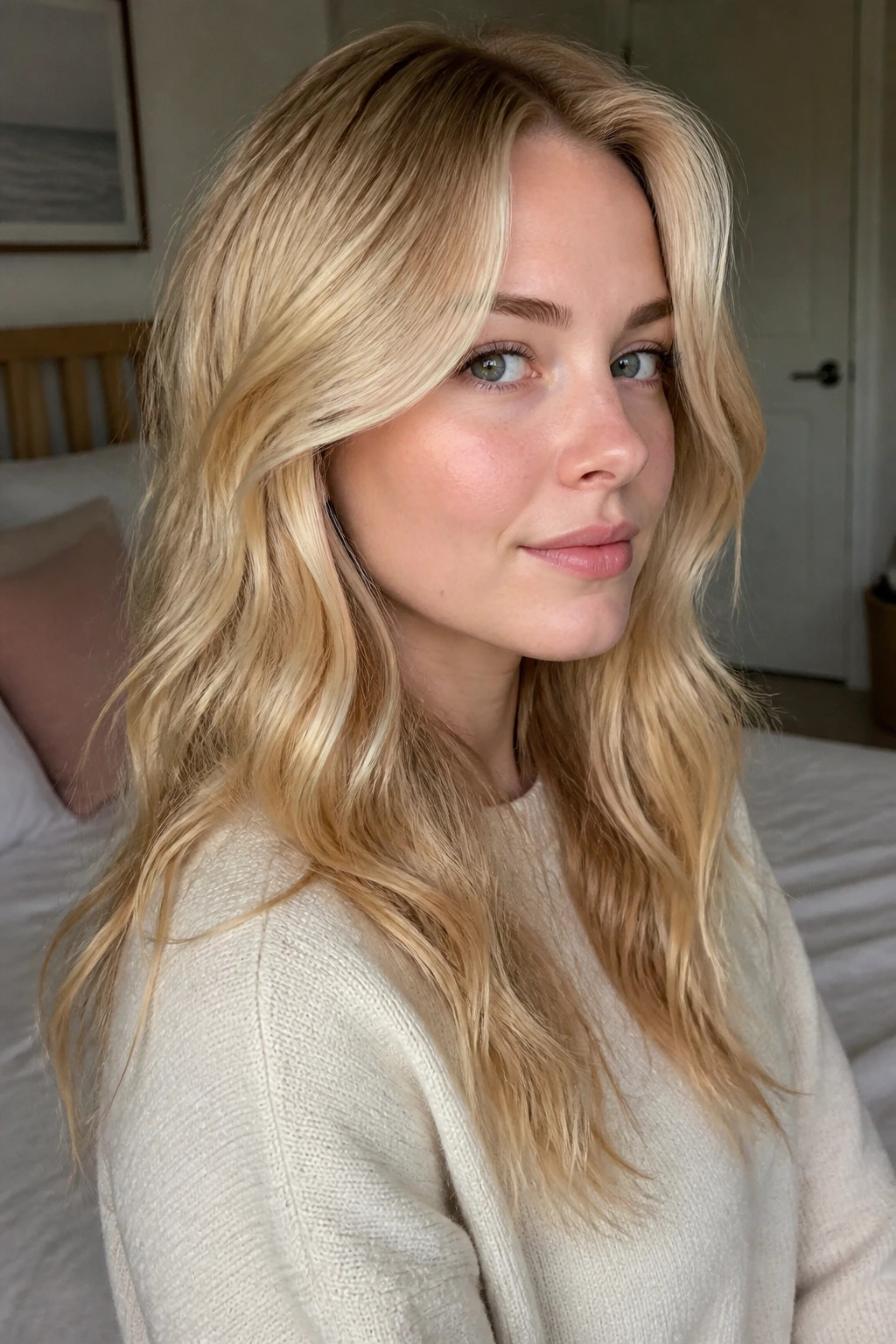 Close-up portrait of a real woman with creamy yellow-blonde hair showing tonal variations, lit by warm natural window light.