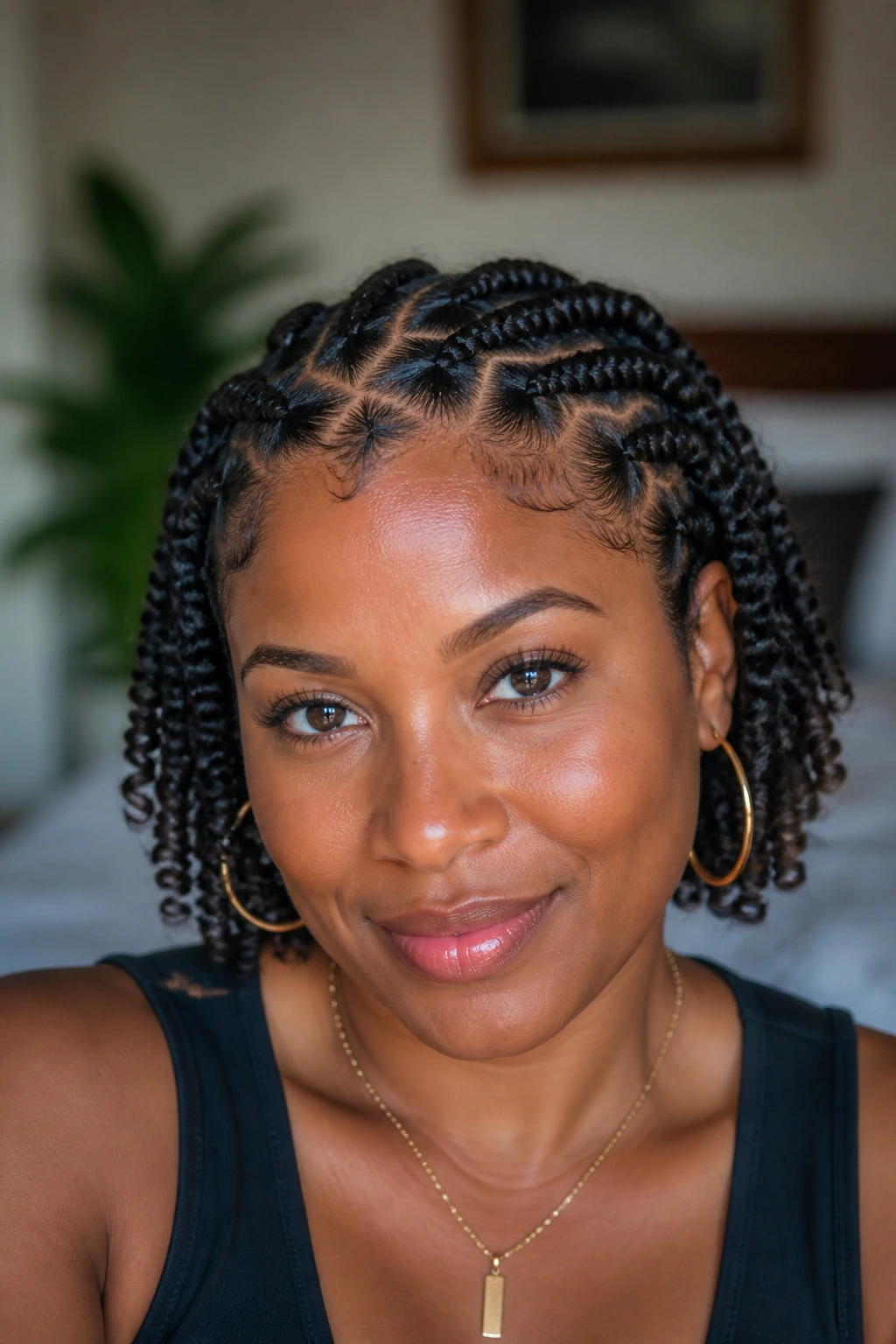 Head-and-shoulders image of zig-zag part cornrows with spiral ends