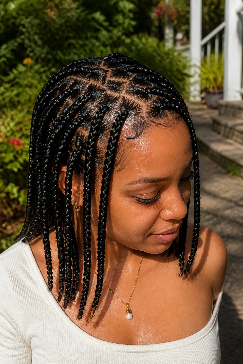 Close-up portrait of a real woman with zig-zag part braids showing dynamic scalp lines