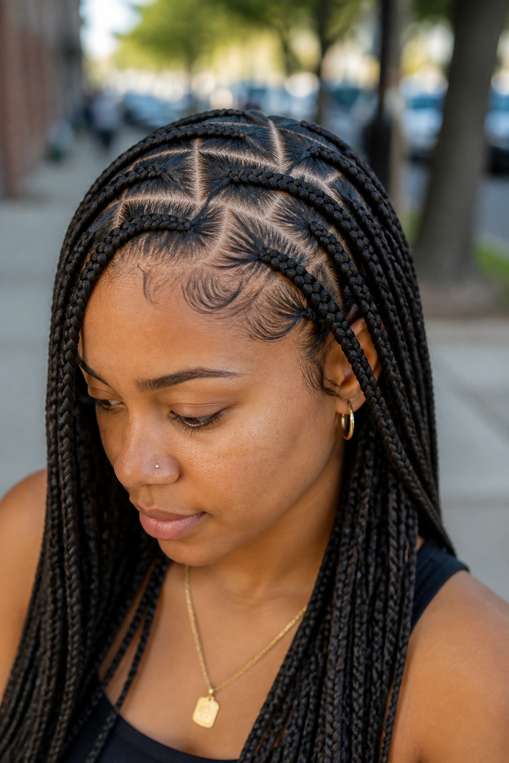 Real woman with zig-zag part braids in natural daylight