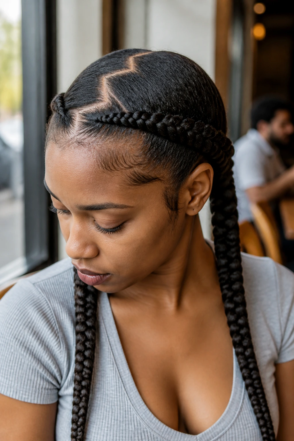 Close-up portrait showing zig-zag part pigtails on a real woman