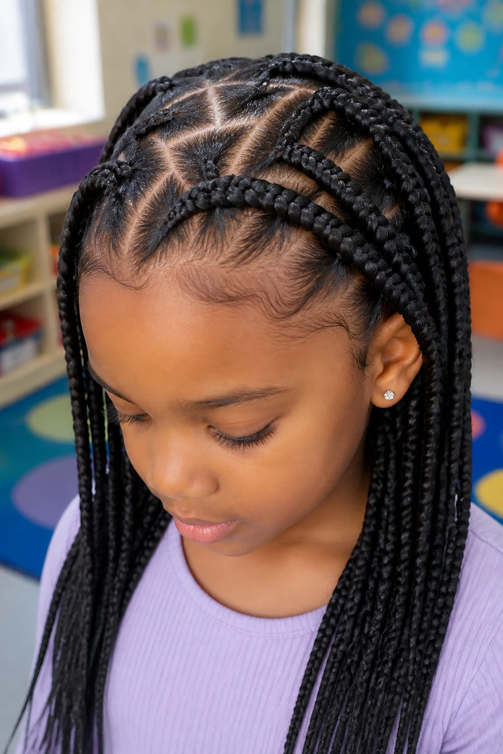 Close-up portrait of a real child girl with zig-zag part box braids in a bright classroom