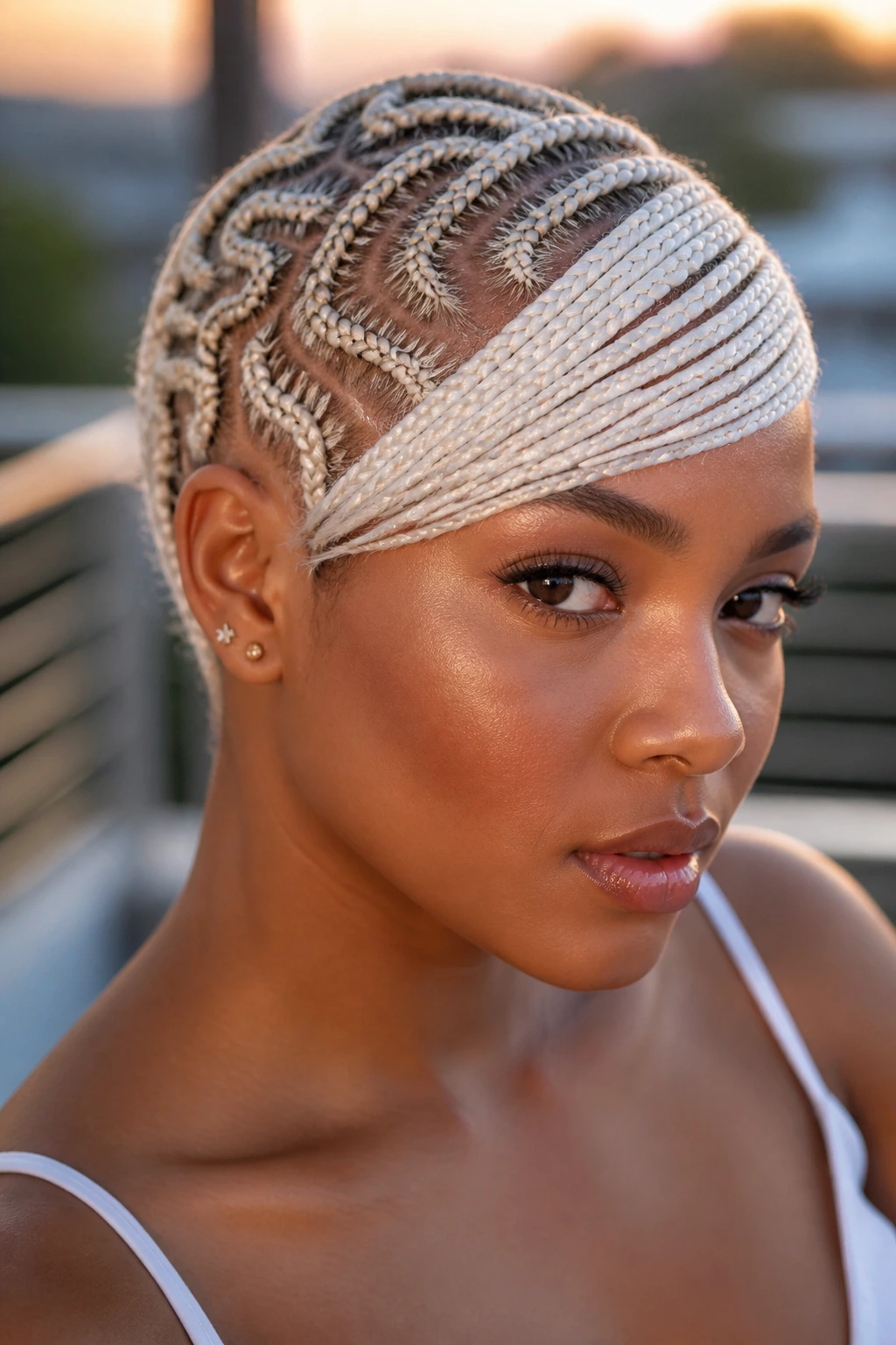 Real woman with zigzag part braids and sleek bang in golden hour light