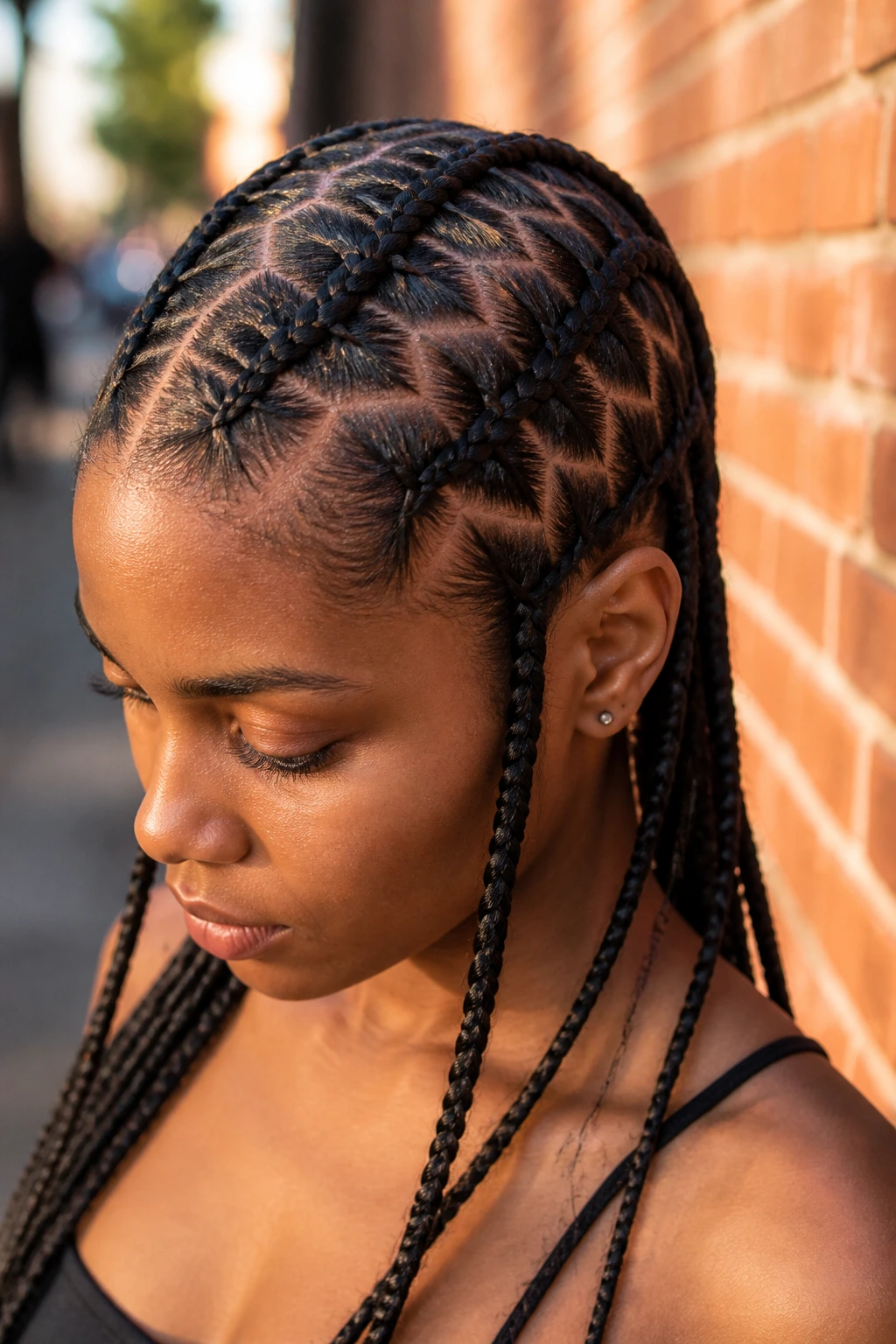 Close-up portrait of a real person with zigzag braids on the scalp, golden hour light