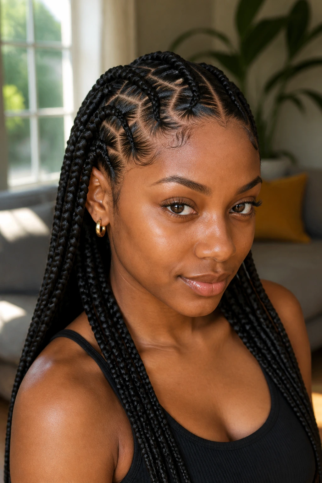 Close-up portrait of a real Black woman with zigzag-part braids, natural window light in a cozy living room