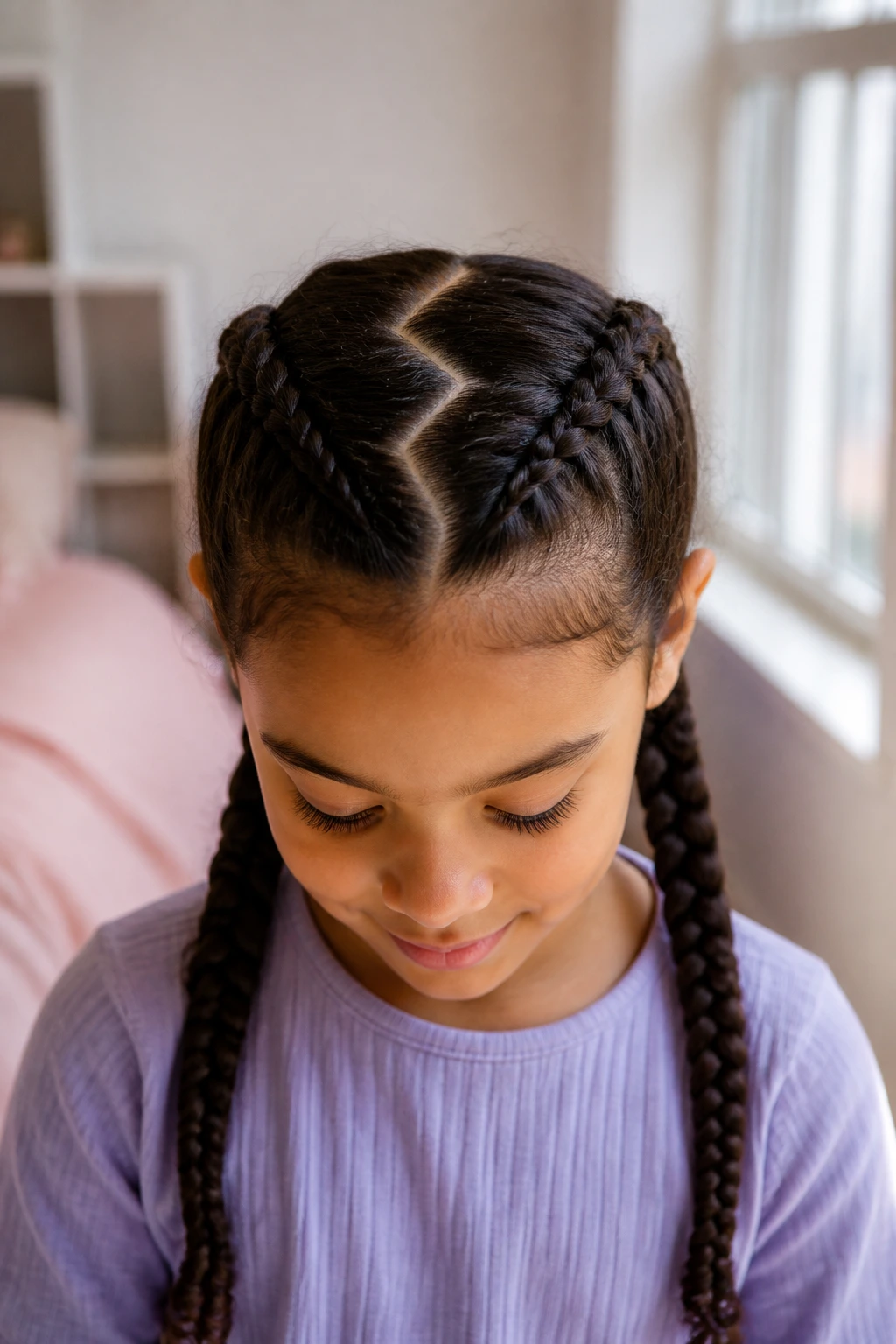 Close-up of a real child with zigzag-part twin braids in soft natural light