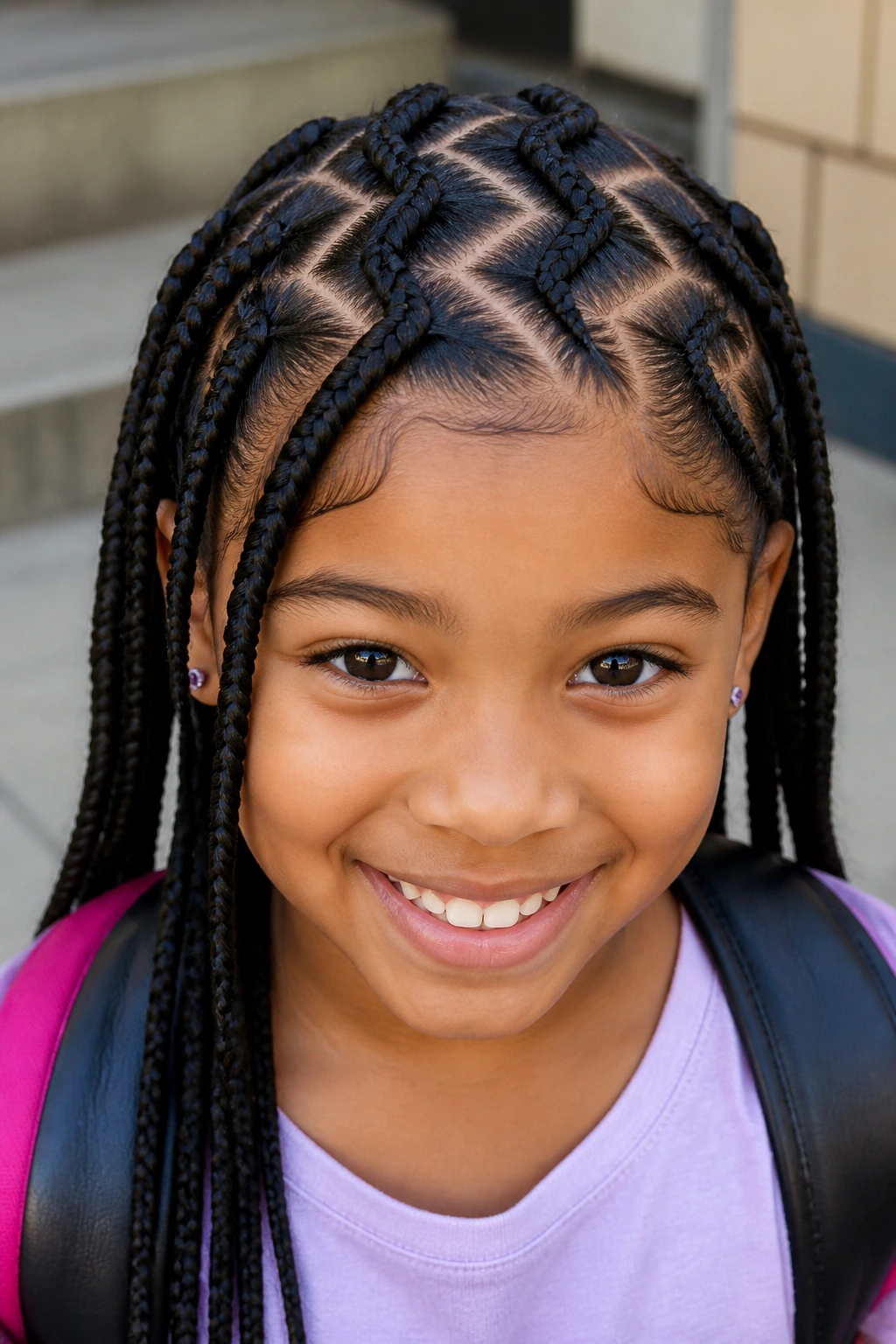 Close-up of a child with zigzag-part cornrows