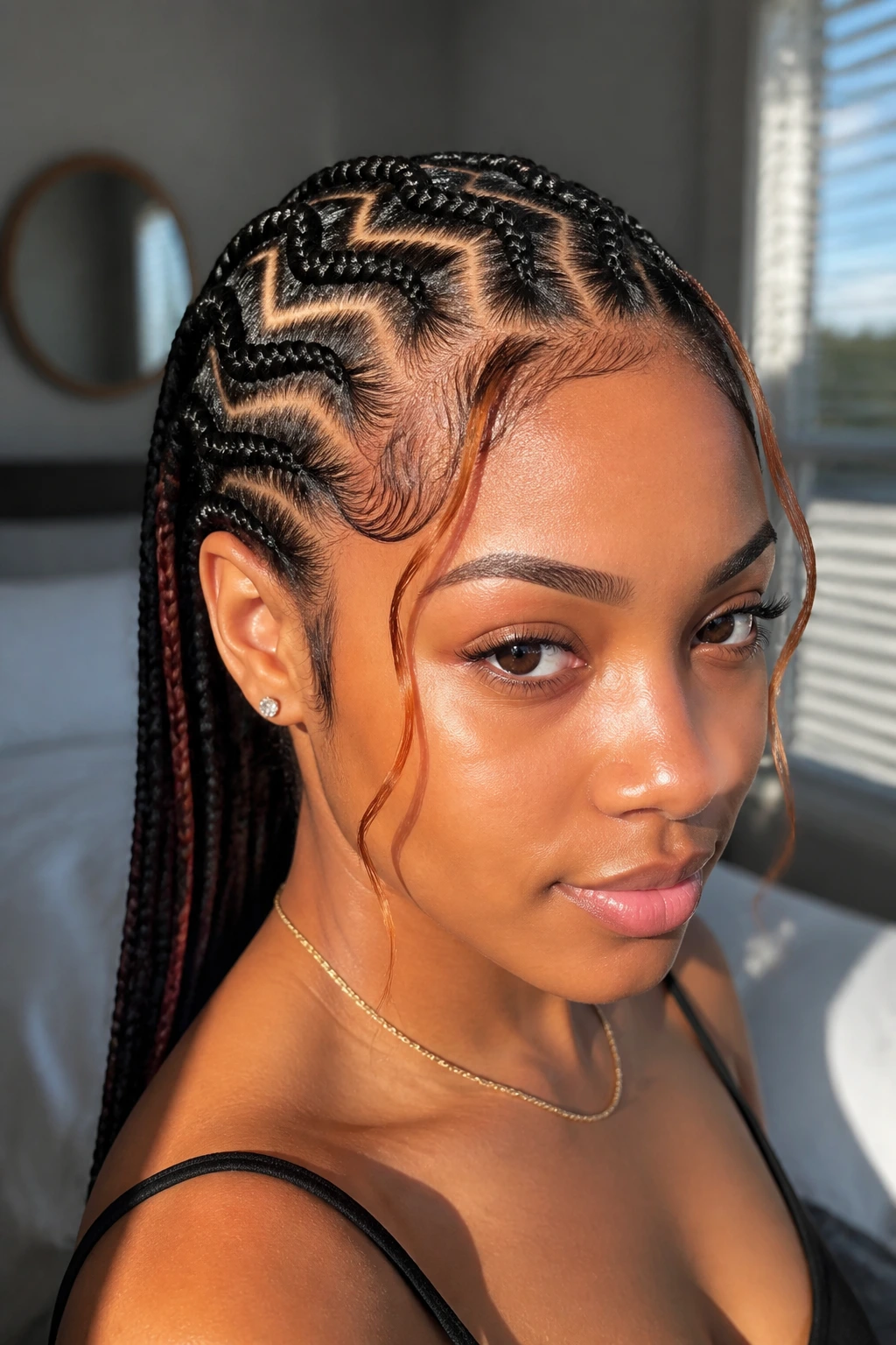 Close-up of Zig-Zag Part Cornrows with Copper Money Pieces on a real person in sunlit bedroom