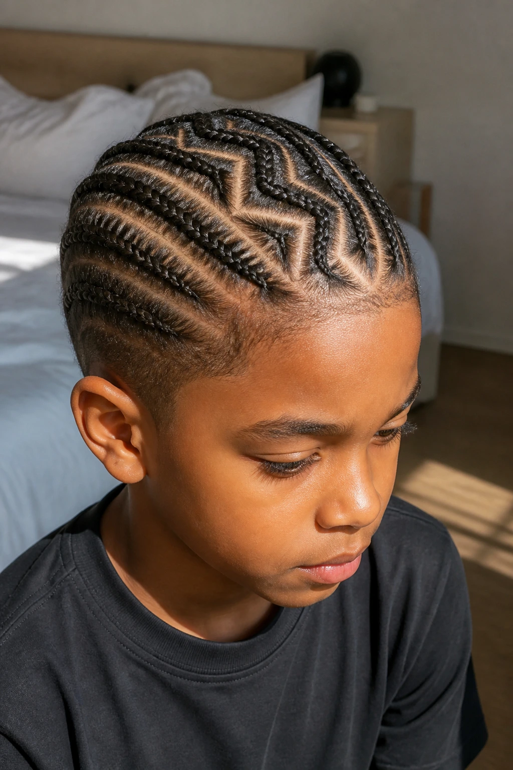 Close-up of a real boy's head with crisp zigzag-part cornrows on fine hair