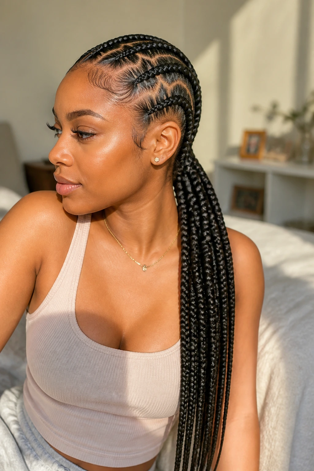 Close-up portrait of zig-zag cornrows with a long braid tail on a real person