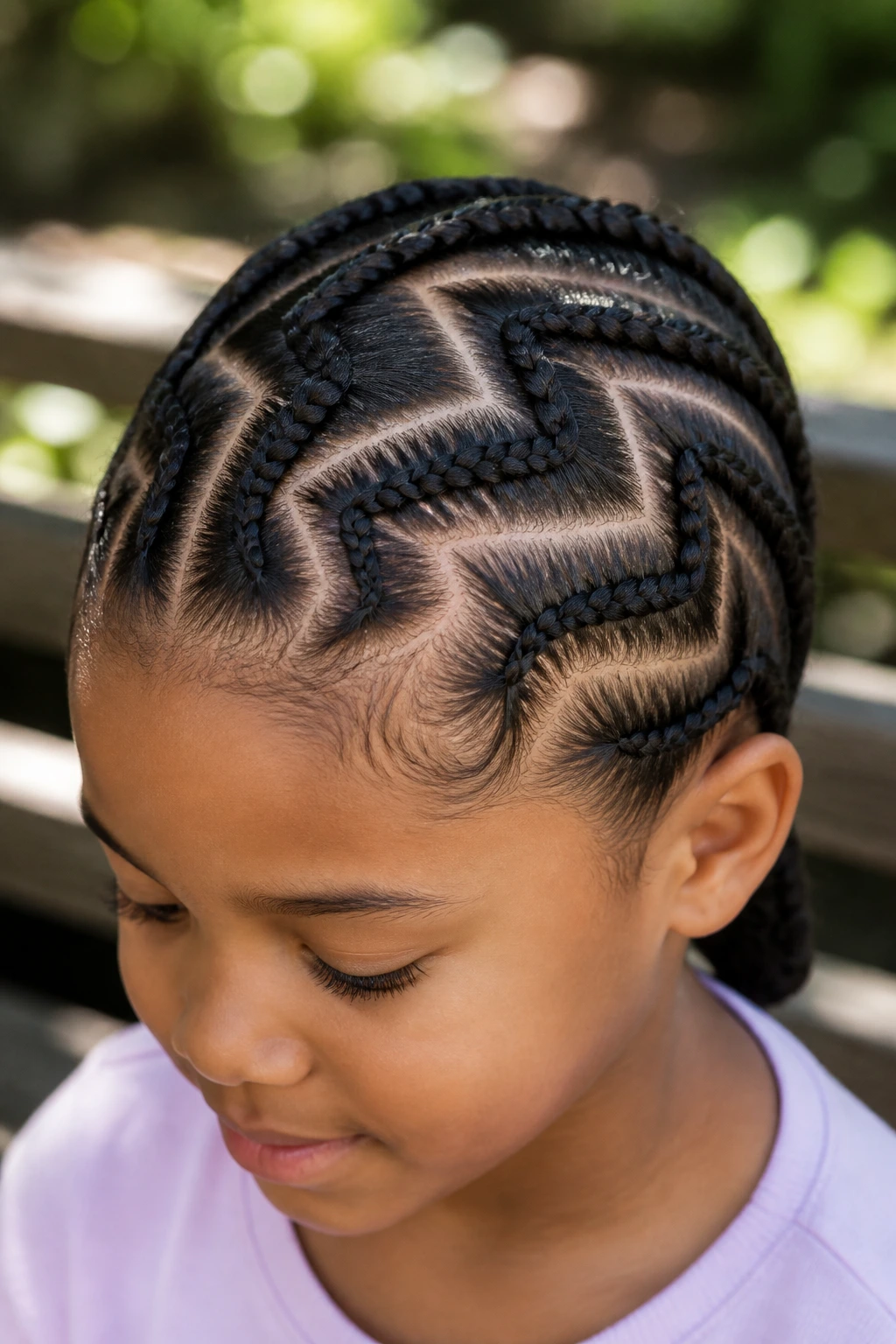 Close-up of a child with zigzag-part cornrows pattern