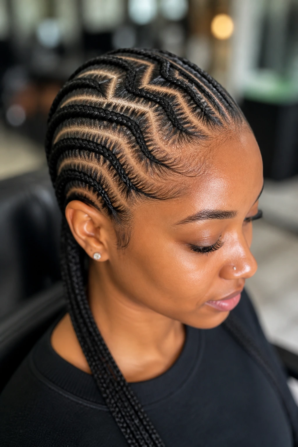 Close-up of zigzag-part cornrows on a real person in warm salon lighting